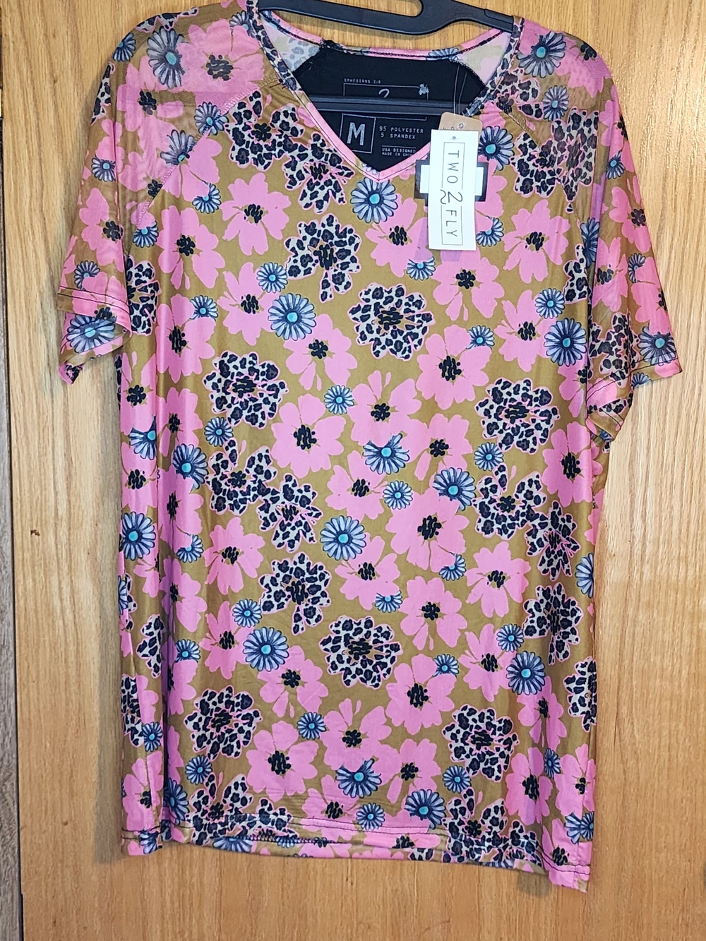 Two2Fly Pink Floral V-Neck Short Sleeve Tee with Blue Accent Flowers